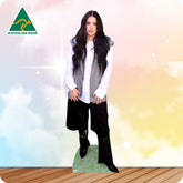 Cardboard cutout of a person wearing a white shirt, gray vest, and black pants on a colorful background with 'Australian Made' logo.